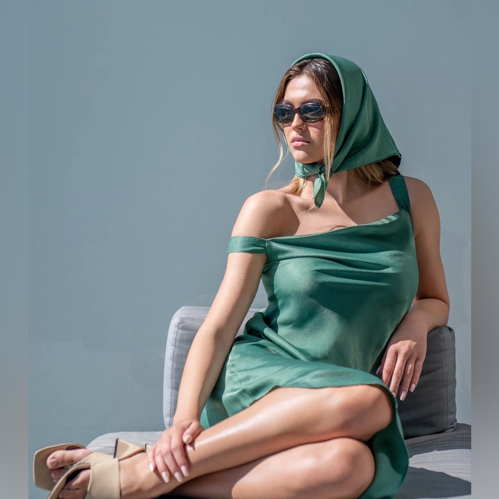 Marilyn Hatten green Yolanda satin cowl neck midi dress